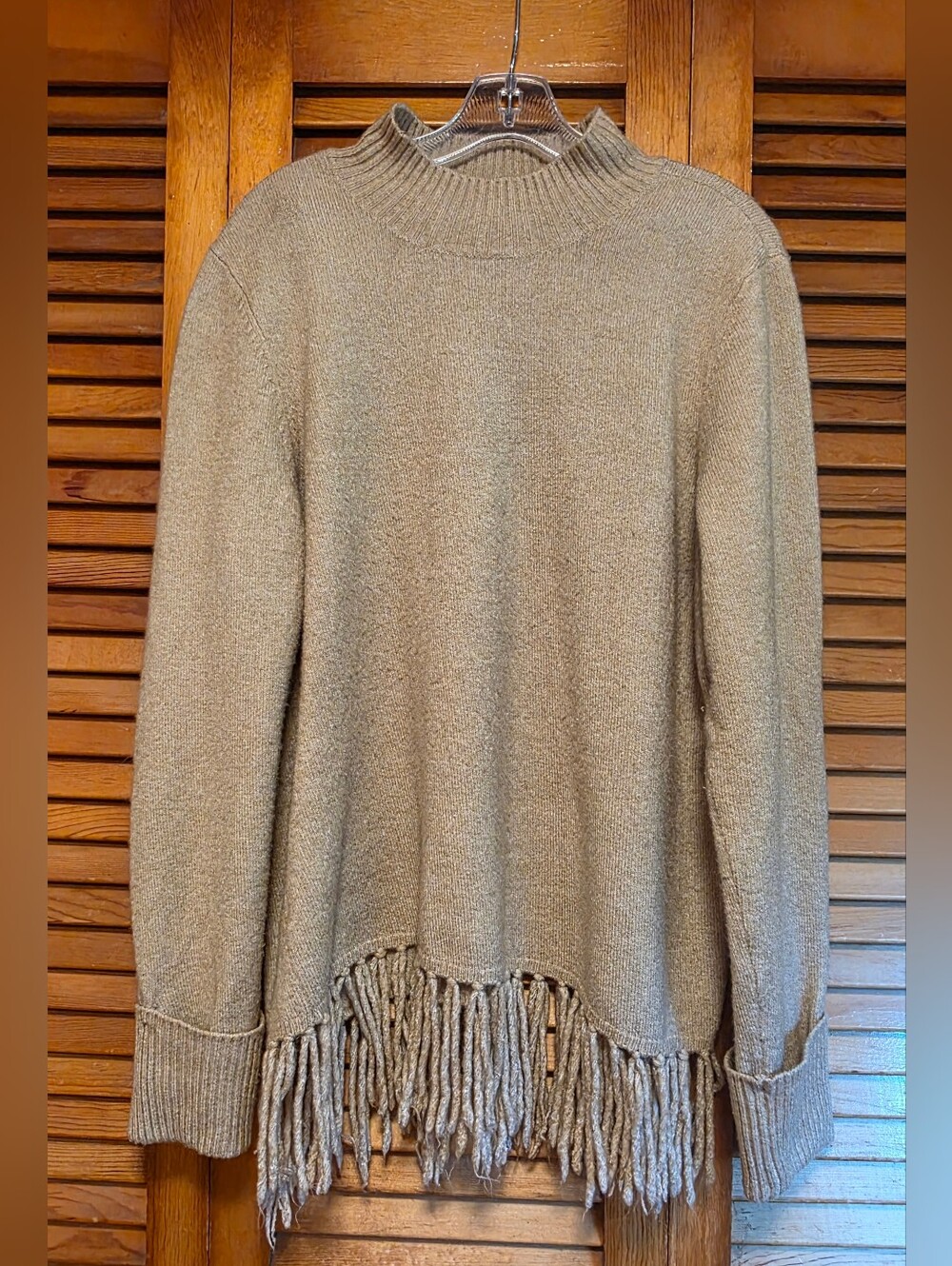 Lee Women’s Mock Neck Fringe Hem Sweater Beige Heather Knit Boho Chunky XL